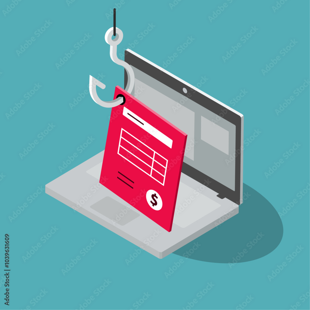 Poster Invoice fraud symbol with a laptop computer and a manipulated fake invoice. Isometric flat design, easy to use for your website or presentation.