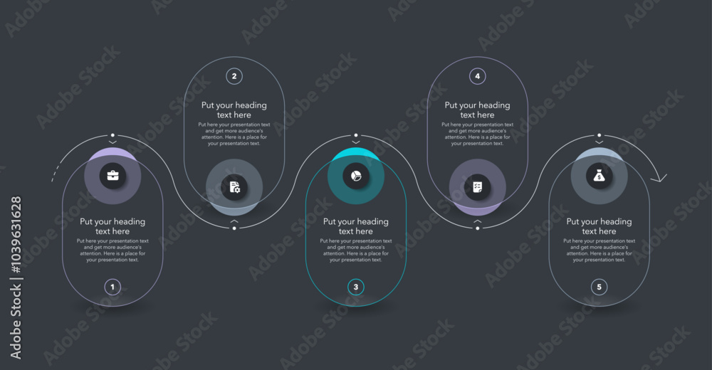 Poster simple horizontal process infographic template with five options - dark version. flat presentation d