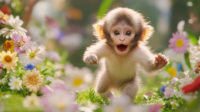 A cutest baby monkey you have ever seen with a party stage glowing with colorful flowers in beautiful forest