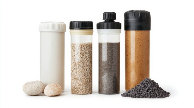 Water filter cartridges with different types of filter media.