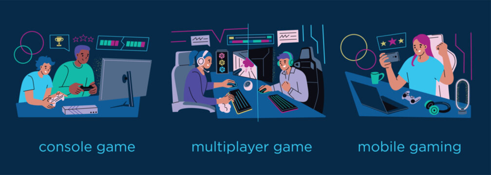 Gaming themed vector illustration set, console, multiplayer, and mobile video games. Cartoon style, flat design, modern technology icons, players with controllers, headsets, and entertainment devices