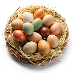 Multicolored Farm-Fresh Eggs in a Rustic Straw Nest