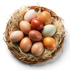 Multicolored Farm-Fresh Eggs in a Rustic Straw Nest