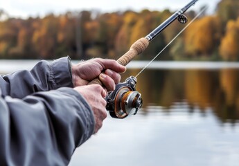 A man is fishing with a rod and reel. The water is calm and the man is focused on catching a fish