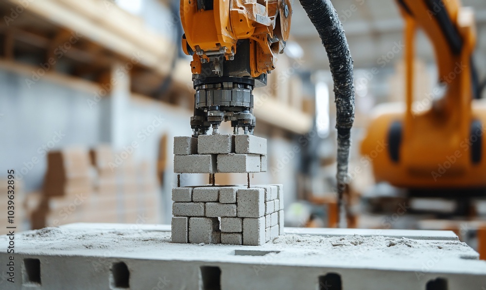 Poster A robotic arm carefully places a brick on top of another in a factory setting.