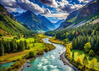 Fototapeta premium Nature's Splendor Unfolding: A Majestic River Flowing Through Lush Green Landscapes and Serenity