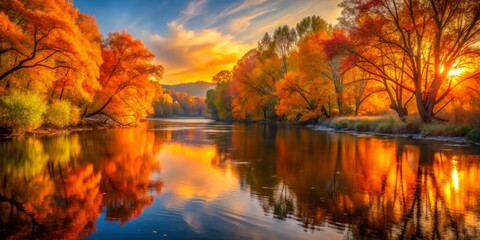 Obraz premium Golden Dawn Light Illuminates Treetops Creating a Serene Natural Landscape at Sunrise