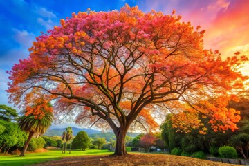 Naklejka premium Intense Orange and Pink Hues Radiate from Blossoms in a Vibrant Floral Display of Nature's Beauty