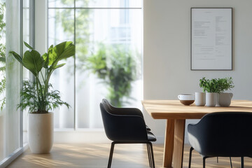 bright and airy dining area featuring wooden table, stylish black chairs, and lush green plants. large windows allow natural light to flood space, creating serene atmosphere