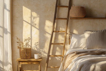 cozy bedroom scene featuring wooden ladder, woven basket, and cup on small table. warm sunlight casts soft shadows, creating serene and inviting atmosphere