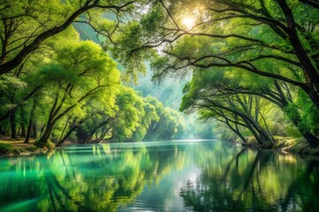 Fototapeta premium Lush Emerald Trees Rise Majestically Over Tranquil Riverbank Beneath a Clear Blue Sky in Nature