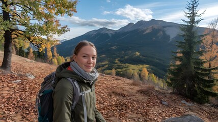 Young woman hiking and going camping in mountains, autumn nature