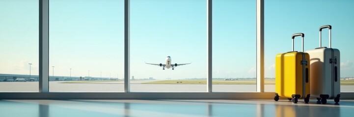 A serene airport scene featuring luggage and a plane taking off, capturing the essence of travel and adventure. Ideal for travel, tourism, and recreation-themed projects.