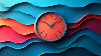 A clock with an orange face and blue hands sits atop wavy blue, red, and purple shapes.