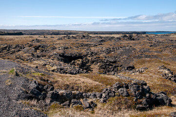Snaefellsnes Peninsula Iceland, view across basalt lava field to horizon