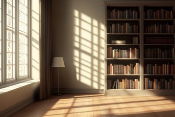 A serene reading nook bathed in natural light with a cozy atmosphere and elegant bookshelves for book lovers