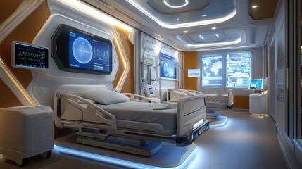 An artistic representation of a futuristic hospital room, showcasing smart beds and interactive screens through rich textures and colors, evoking a sense of comfort and innovation.