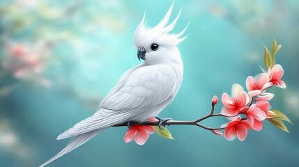  A white bird perches on a tree branch adorned with pink blossoms against a blue backdrop