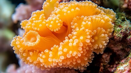  A tight shot of an orange-white sea anemone against a coral backdrop, surrounded by additional corals