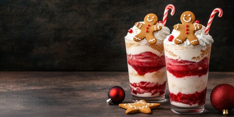 Two festive dessert glasses layered with cream and raspberry, topped with gingerbread cookies and candy canes, perfect for holiday celebrations.