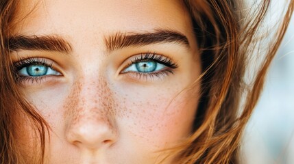 Fototapeta premium A tight shot of a woman's face, adorned with freckles dotting both her complexion and the surrounding area around her eyes
