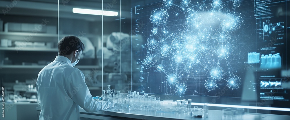 Aufkleber A scientist in a lab coat works in a laboratory, examining vials while a digital network graphic is projected on the wall.