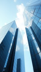 Captivating view of modern skyscrapers under a clear blue sky, perfect for themes of travel, aviation, and urban lifestyle.
