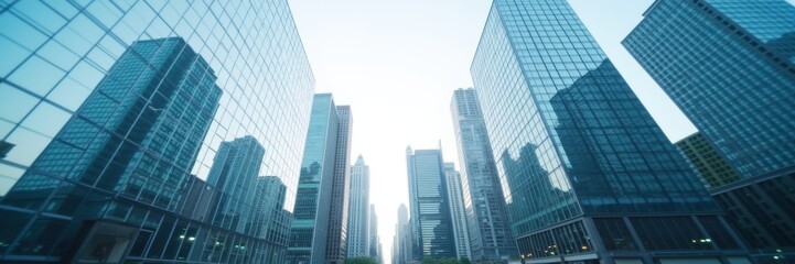 Fototapeta premium A stunning perspective of glass towers, ideal for representing modern travel and airport experiences, capturing the essence of urban exploration and adventure.