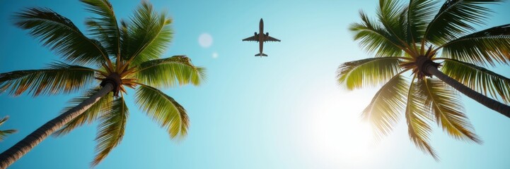 Fototapeta premium A serene view of an airplane flying overhead, framed by palm trees under a bright sky, perfect for travel and vacation themes.
