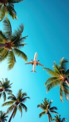 Fototapeta premium A vibrant travel scene featuring an airplane flying over palm trees against a clear blue sky, perfect for vacation and airline promotions.