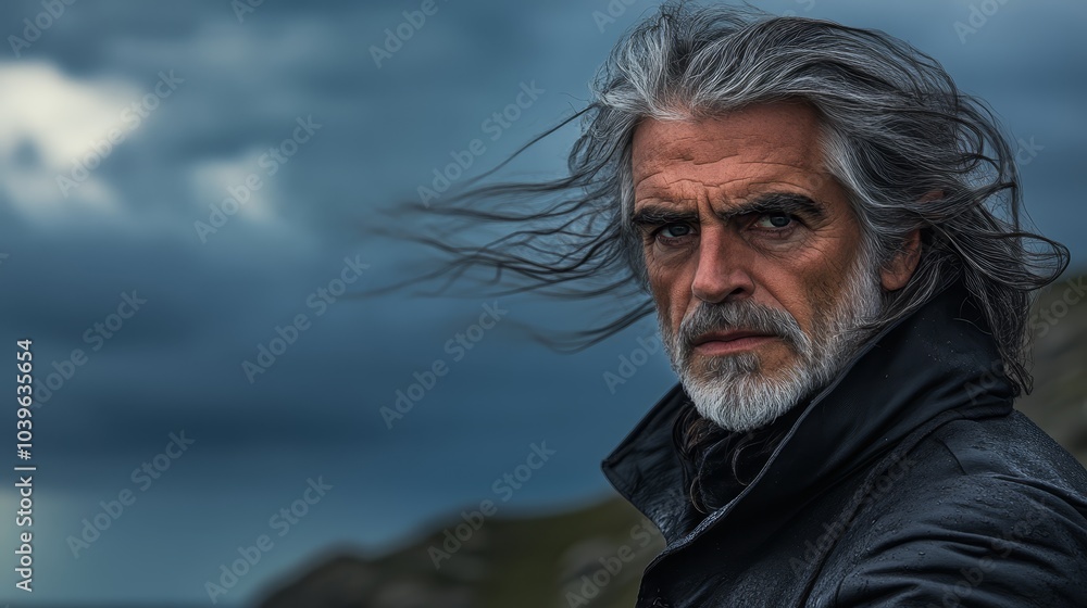 Wall mural  A man with grey hair and beard, gazes at the camera, donning a black jacket Behind him, clouds obscure the sky