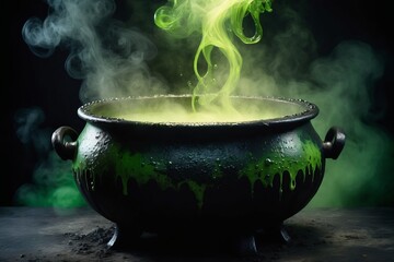 Cauldron with yellow green fire surrounded by smoke and a dark atmosphere