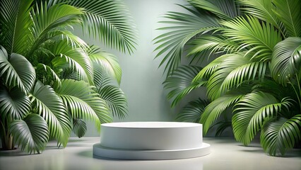 Obraz premium A matte cylinder podium surrounded by fresh bright green plants, perfect for clean and natural product presentations.