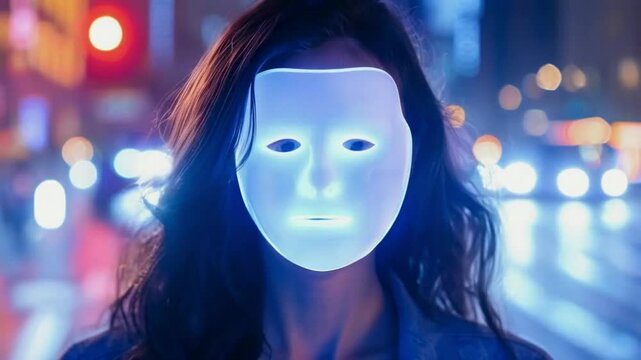 A figure with a glowing, expressionless mask stands against a blurred urban backdrop at night.