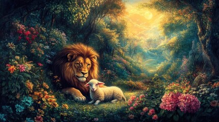 Obraz premium A mythical scene depicting a majestic lion and a gentle lamb peacefully coexisting in a lush paradise garden. The vibrant flora and serene atmosphere symbolize harmony and the transcendence