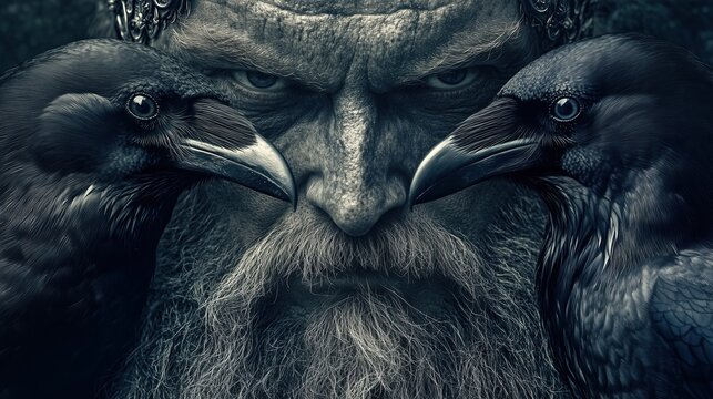 Norse god Odin with his two ravens Huginn and Muninn