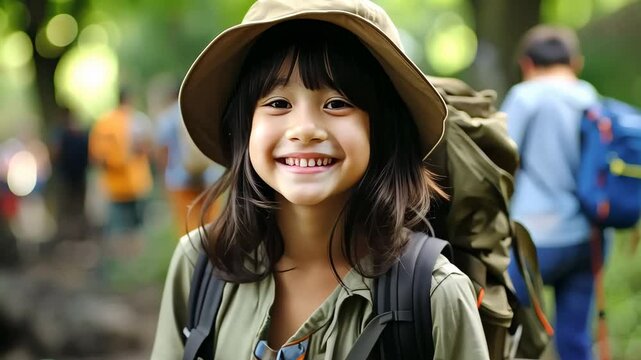 Little girl smiling while hiking with group