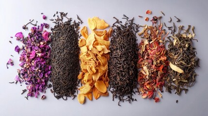 Elegant tea featuring an assortment of aromatic teas, isolated on a minimalist solid background,