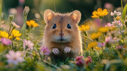 Fototapeta premium A cute hamster surrounded by colorful wildflowers in a meadow.