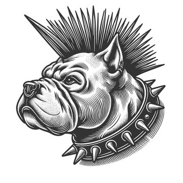 punk rock dog in a spiked collar with a mohawk, rebellious attitude with playful canine charm sketch engraving generative ai vector illustration. Scratch board imitation. Black and white image.
