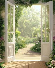 Wooden window frame with open glass panes overlooking a room filled with potted flowers, bathed in natural light against a backdrop of a clear blue sky