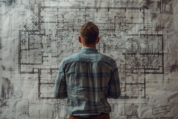 Naklejka premium Back view of man engineer drawing plan sketches on wall