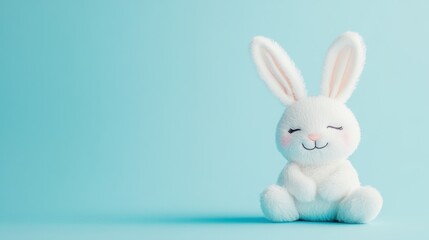 Obraz premium Stock minimalist photography of a happy bunny with closed eyes sitting on a pastel blue background with delicate shadows, creating a gentle and cheerful look