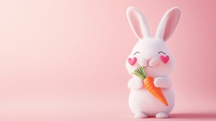 cute bunny blushing with hearts on cheeks, holding a carrot, soft pink background,