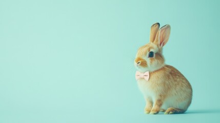 Obraz premium Stock minimalist photography of a rabbit wearing a small bow tie, standing on a clean blue background with minimal shadows for a charming and refined look