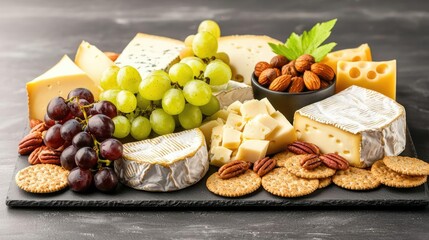 Gourmet cheese platter with grapes, nuts, and crackers on slate surface.