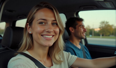 A smiling female driver is having fun as she drives her car with a friend in the passenger seat
