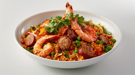 Spicy Cajun seafood paella on a black background, featuring saffron rice, shrimp, Andouille sausage, and vibrant garnishes.