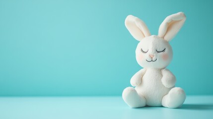 Obraz premium Stock minimalist photography of a happy bunny with closed eyes sitting on a pastel blue background with delicate shadows, creating a gentle and cheerful look
