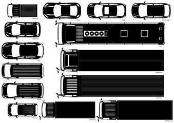上から見たいろいろな車種の自動車シルエットセット